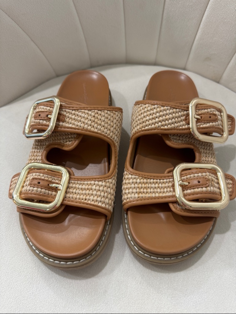 Universal Thread Tan and Natural Woven Buckle Slide Sandals